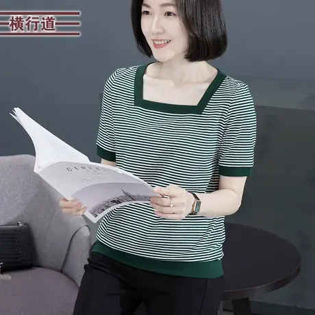 简约海军风方领撞色条纹宽松短袖T恤休闲2023新款大码女夏衣外穿商品大图