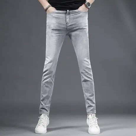 2023新款夏季冰丝牛仔裤男款修身小脚轻薄款烟灰色弹力男士休闲裤商品大图