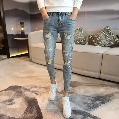 春季新款蓝色破洞小脚裤男韩版修身乞丐铅笔裤微弹显瘦青年牛仔裤图片