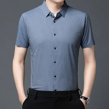 男士高级感冰丝短袖衬衫男夏季薄款宽松条纹休闲正装商务免烫衬衣商品大图