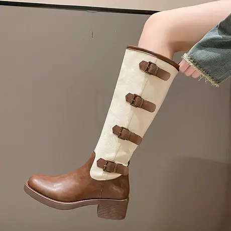 皮带扣西部靴女长靴2023秋新款复古粗跟显腿长显瘦气质英伦骑士靴商品大图