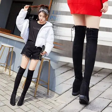 欧美过膝靴女长筒靴子秋冬新款加绒平底鞋百搭内增高显瘦弹力女靴图片