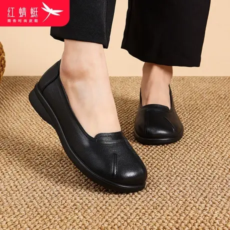 红蜻蜓2024年春季新款女单鞋日常穿简便舒适妈妈鞋平底软底黑色鞋商品大图