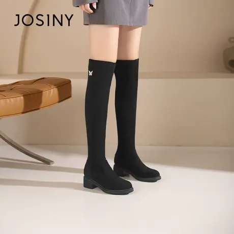 卓诗尼厚底长筒靴女2024秋冬新款针织袜靴高筒靴过膝靴子女骑士靴商品大图