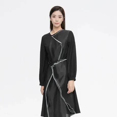 sdeer圣迪奥女装时尚不规则领线条纱质拼接长袖连衣裙S21381217图片