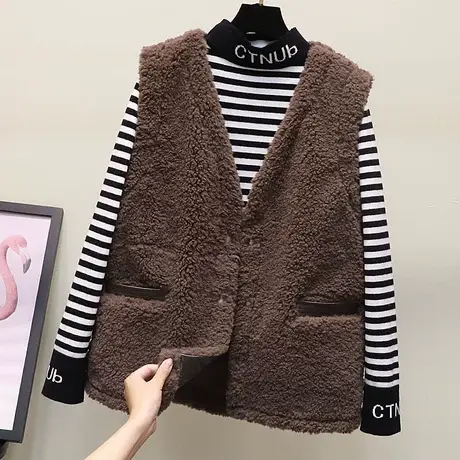 羊羔毛马甲女秋冬2023新款韩版宽松坎肩背心马夹皮毛一体短款上衣商品大图