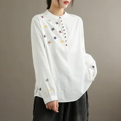 dza 文艺复古刺绣白色衬衫女长袖打底衫新款秋季内搭上衣休闲衬衣图片