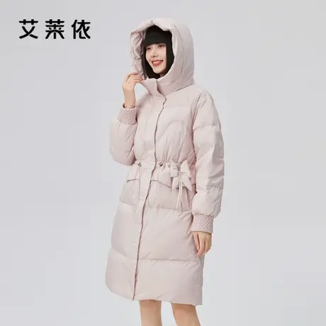 艾莱依新款收腰羽绒服女中长款连帽时尚立体装饰加厚粉色秋冬外套商品大图