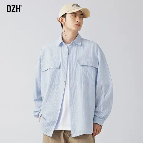男士日系工装条纹衬衫男长袖高级感宽松衬衣外套春秋休闲寸衫上衣商品大图