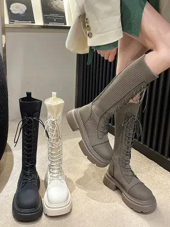 长筒靴女骑士靴2023年新款小个子厚底高筒弹力瘦瘦靴春秋系带单靴图片