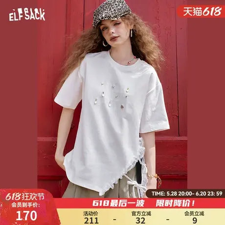 妖精的口袋白色蕾丝拼接开叉短袖t恤女2025夏季新款宽松休闲上衣商品大图