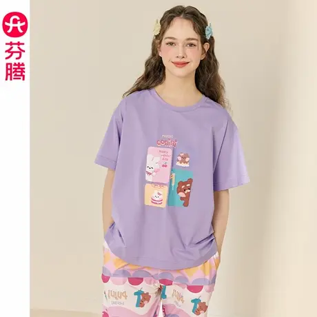 芬腾布朗熊女士睡衣夏季纯棉短袖长裤卡通女款大码薄款家居服套装商品大图