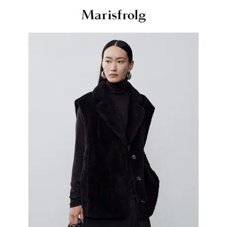 【羊羔毛系列】玛丝菲尔2023年秋冬新款黑色绵羊毛颗粒绒皮草马甲图片