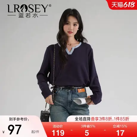 蓝若水大码女装2025春新款撞色v领针织打底衫胖MM休闲韩版宽松t恤图片