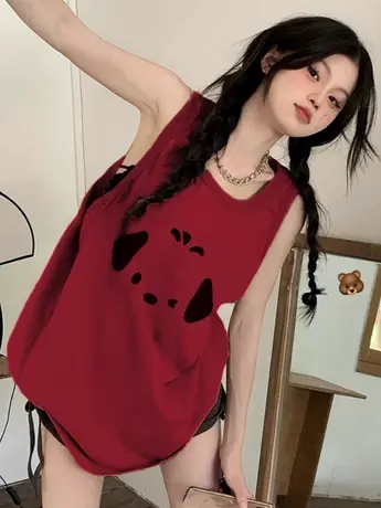 美式复古纯棉吊带背心无袖t恤女夏季外穿宽松篮球服港风挂脖上衣图片