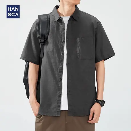 hansca棉麻衬衫短袖男2025年夏季新款大口袋简约宽松翻领衬衣外套商品大图