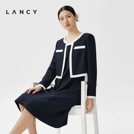 LANCY/朗姿春季新款圆领撞色醋酸短外套女长袖法式高级感上衣图片