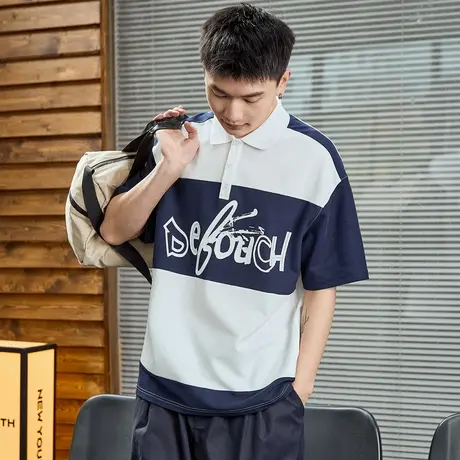 唐狮夏季新款Polo衫男港风撞色拼接短袖翻领t恤男有领上衣潮商品大图