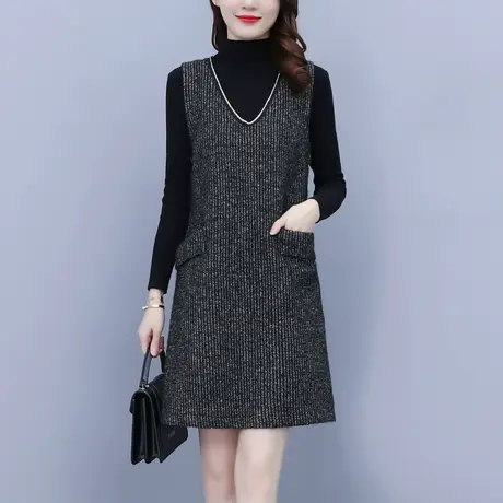 2023春秋新款中长款大码女装优雅漂亮女士毛呢背心两件套连衣裙子图片