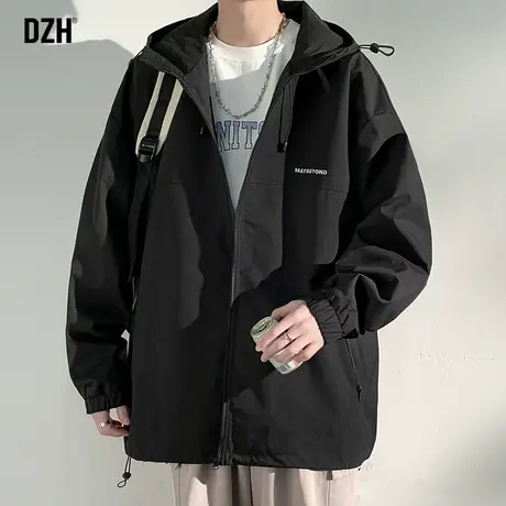 男士黑色夹克男连帽秋季美式复古工装冲锋衣外套男款2023新款上衣商品大图