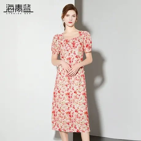 海青蓝 夏季短袖连衣裙2025年新款高级印花设计感女装中长款裙子商品大图