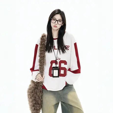 美式复古拼接美式风球服卫衣女春季2025新款印花套头长袖T恤上衣商品大图