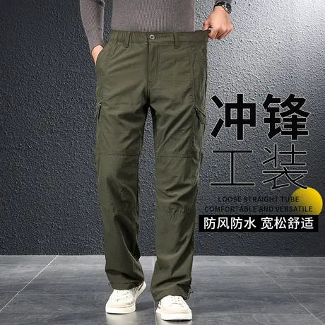 工装裤男秋冬厚款户外直筒冲锋裤冬季男士宽松防风裤中年大码长裤商品大图