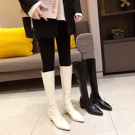 小个子白色长筒靴女不过膝2022秋冬季百搭粗跟高筒靴高跟骑士靴子图片