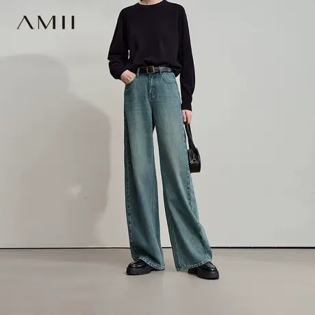 Amii2025秋新款休闲松弛感复古做旧男友风棉阔腿裤牛仔长裤女图片
