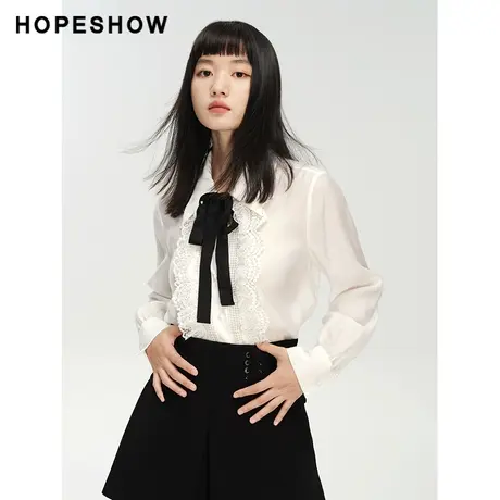 红袖outlets花边翻领衬衫hopeshow2023秋款复古法式单排扣小上衣商品大图