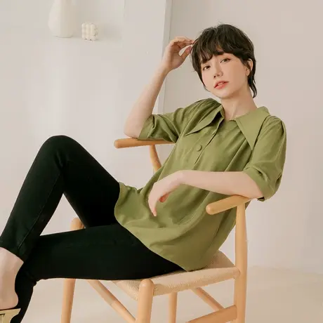 桔熊夏季纯色设计感尖领凉爽五分袖衬衫柔软上衣女装大码AB17045商品大图