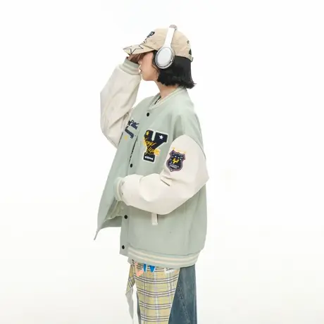 美式刺绣撞色棒球服外套女春秋新款宽松休闲学院风情侣款夹克上衣图片