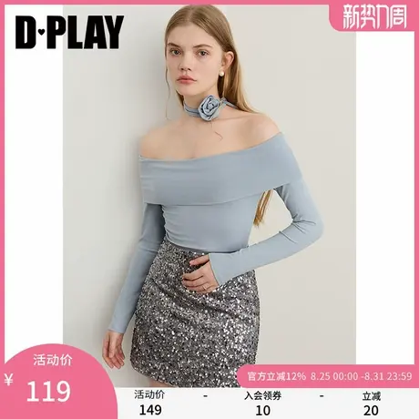 DPLAY2025年秋季新款蓝色t恤女法式一字肩露肩飘带设计长袖上衣商品大图