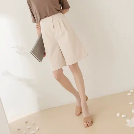 桔熊夏季通勤纯色五分裤子女隐形拉链高腰打褶中裤大码BA7155图片