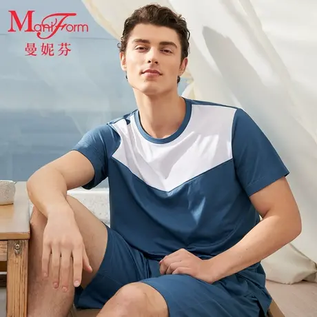 曼妮芬男士夏季圆领短袖短裤套装舒适家居服起居服青年睡衣睡裤商品大图