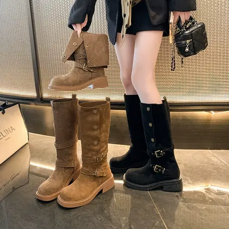 法式高筒靴子女2025秋季新款粗跟增高小个子长靴不过膝百搭骑士靴商品大图
