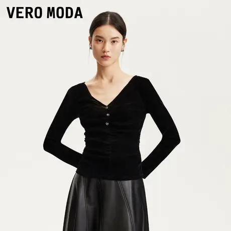 【来了就好】Vero ModaT恤女2025春季新款丝绒质感心型纽扣上衣商品大图
