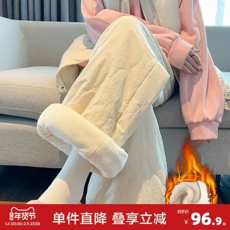 唐狮冬季新款女休闲长裤加绒加厚拼接仿羊羔毛冬日保暖棉裤商品大图