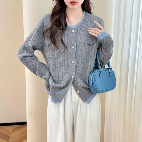 唐狮秋冬新款毛衣精致绞花温柔撞色假两件设计开衫百搭上衣潮tu商品大图