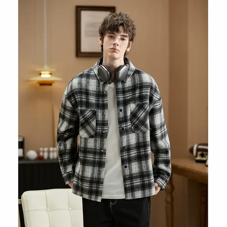 唐狮新款秋冬季男翻领格子长袖衬衫英伦学院风百搭时尚男装潮TMTA图片