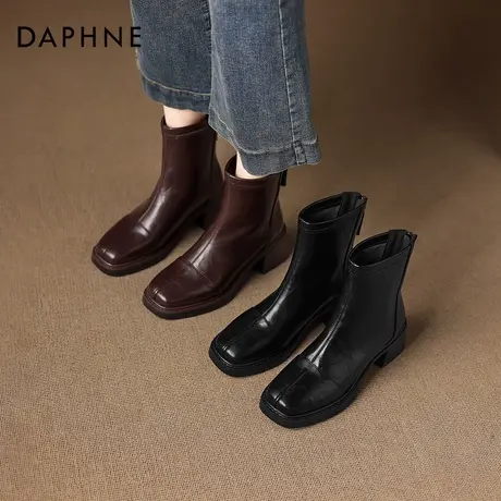 达芙妮黑色短靴女2025新款冬季加绒粗跟瘦瘦皮靴切尔西靴马丁靴子商品大图