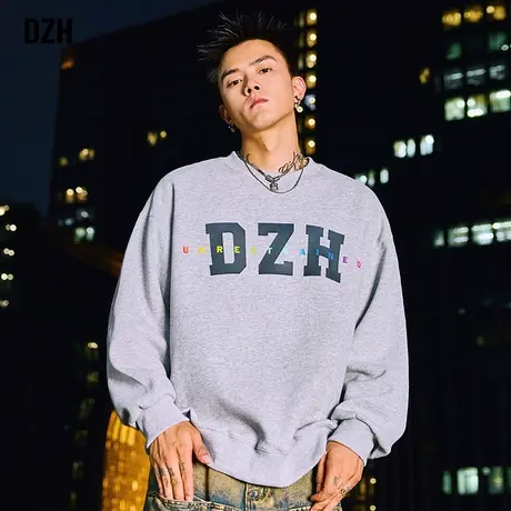 DZH男士灰色卫衣男圆领潮牌秋季长袖上衣宽松男装2023新款打底衫商品大图
