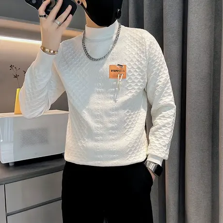 半高领毛衣秋冬季个性贴标设计感潮男发型师菱形格修身内搭针织衫商品大图