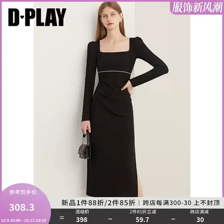 DPLAY2023新法式赫本风经典黑捏褶侧开衩闪钻连衣裙轻礼服小黑裙图片