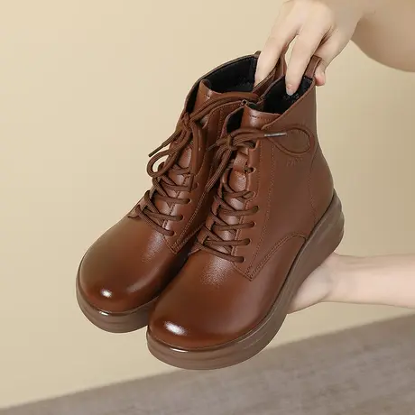 2023大码女靴41一43秋季新款真皮厚底皮鞋女英伦风软面显瘦马丁靴商品大图