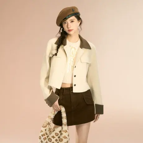 othermix 100%羊毛短款外套女2023秋冬新款高级感气质翻领短上衣图片