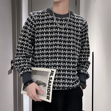 小香风撞色格子高级感毛衣男秋冬2023新款小众潮牌内搭毛线针织衫图片