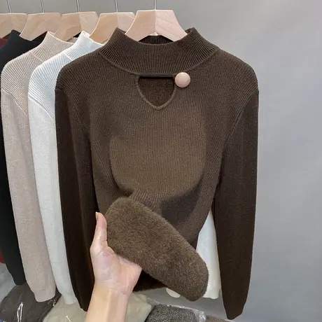 一体绒半高领毛衣女加绒加厚打底衫2023秋冬新款针织衫内搭上衣潮商品大图