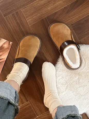 一脚蹬懒人包头半拖鞋女冬季加绒保暖棉鞋2023年新款勃肯毛毛鞋子商品大图