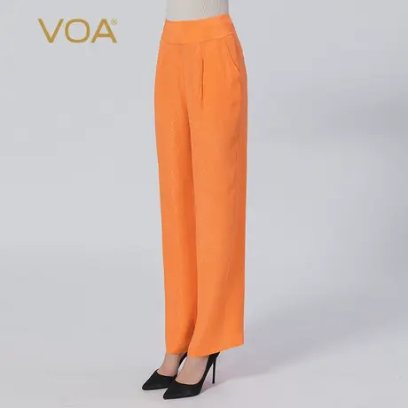 VOA100%桑蚕丝自然腰橙色提花隐形侧拉斜插口袋条纹真丝直筒裤女图片